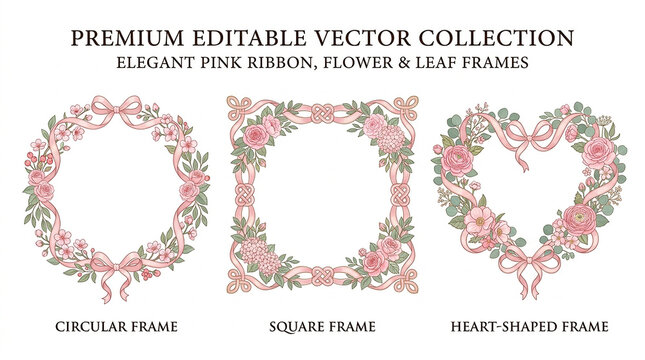 Premium editable vector collection featuring elegant pink ribbon, flower, and leaf frames in circular, square, and heart shapes.