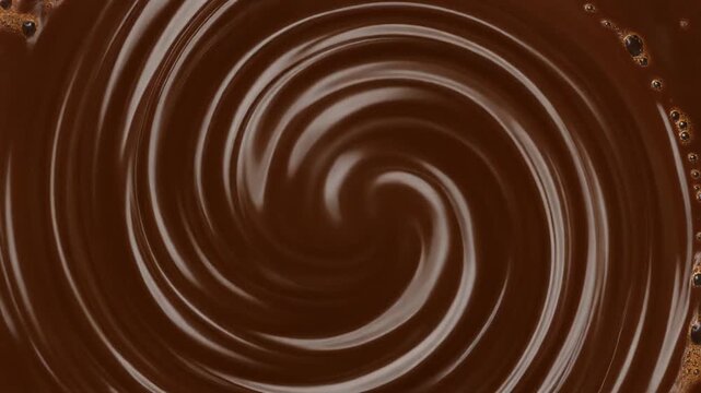 Top-down view of smooth melted chocolate swirling in a vortex pattern with tiny bubbles on the side.