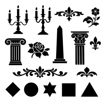 Vintage black silhouette design elements collection featuring candelabras, classical pillars, floral scrolls, and geometric shapes isolated on white