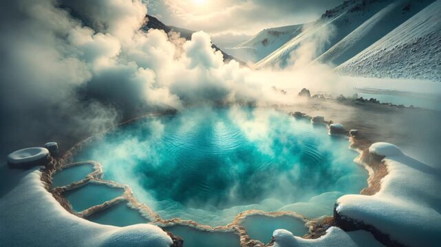 Video of turquoise geothermal hot spring with rising steam, surrounded by snowy rocks in a stunning winter landscape.