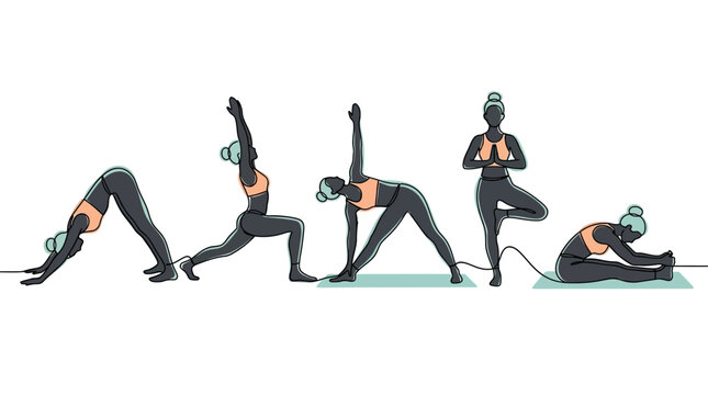 Yoga sequence illustrates a series of controlled movements and stretches performed by figures in a modern aesthetic.