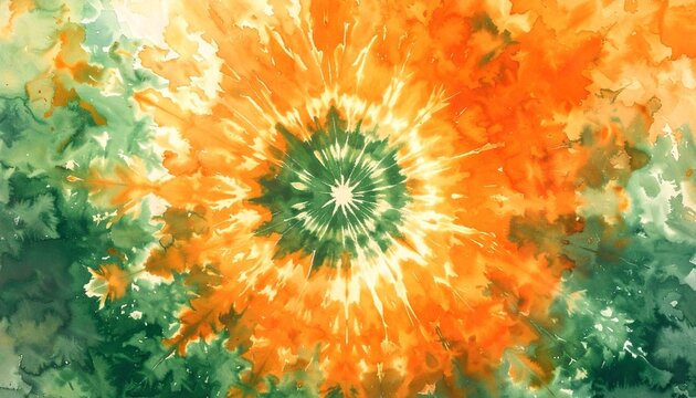 Tie-dye style watercolor background in vibrant orange and green tones, suitable for Halloween-themed decoration.
