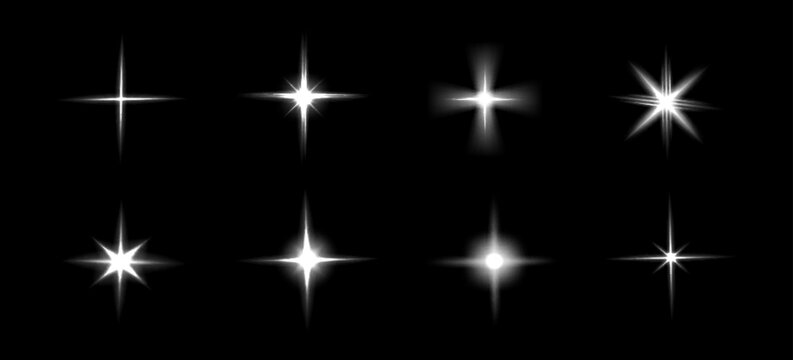 Bright star light effect, white twinkle flare and flashing rays, realistic flash icons isolated on black background.. Glowing starburst elements with halo and glowing beams, sparkling space burst