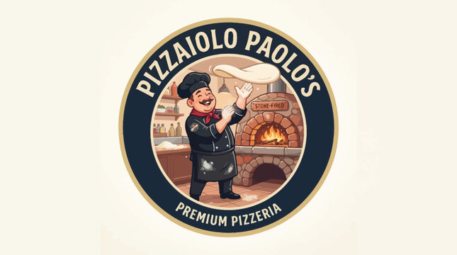 Chef throwing dough in warm stone fired pizzeria kitchen logo design