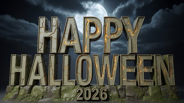 Creative Halloween Greeting Text Design With Cracked Stone Effect And Moon Background