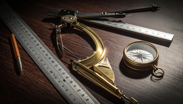 Antique brass drafting compass and metal rulers set on a wooden surface, essential tools for precision measurement and design.