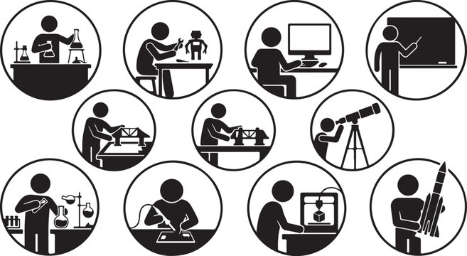 Science and Technology Icons Set in Black and White