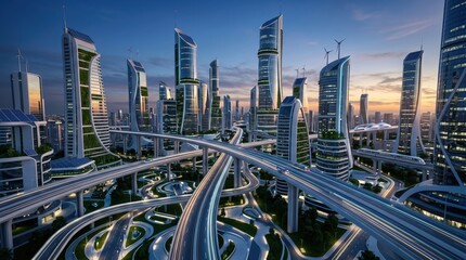Obraz premium Futuristic smart city skyline with eco-friendly skyscrapers and complex highway interchange at sunset twilight