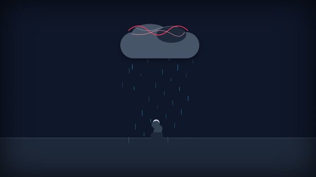 Minimalist illustration of a person sitting under a rain cloud representing depression.