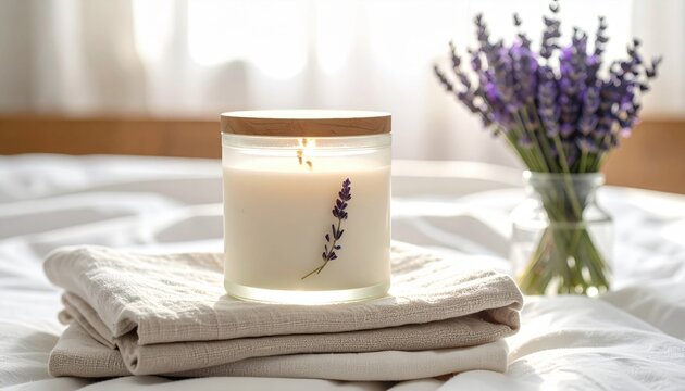 Hand-poured soy wax lavender candle in a glass jar with wooden lid, creating a serene home ambiance
