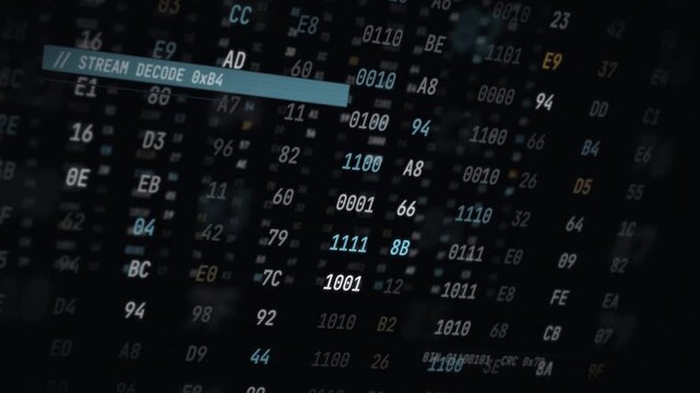 3D rendering of hexadecimal code in low level programming for reverse engineering with zoom and diagonal angles