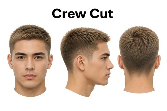 A man showing a crew cut hairstyle from front side and back view