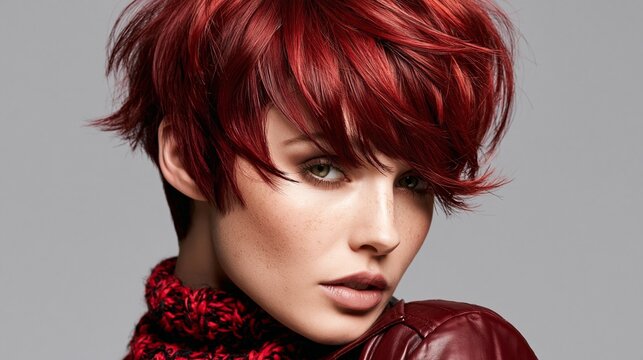 Portrait of a beautiful woman with short bright red hair.