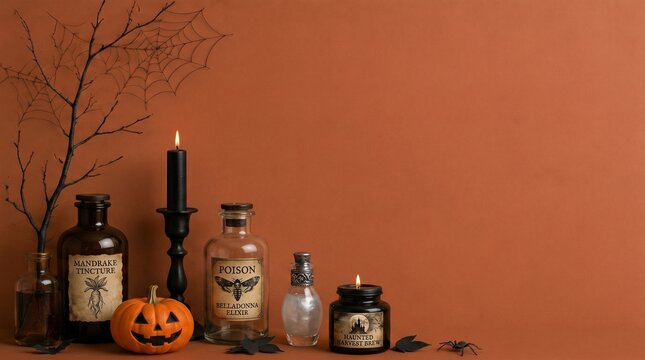 Black candles and apothecary bottles with cobwebs on orange background.