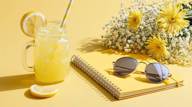 Bright yellow summer flat lay with sunglasses cold drink and notebook.