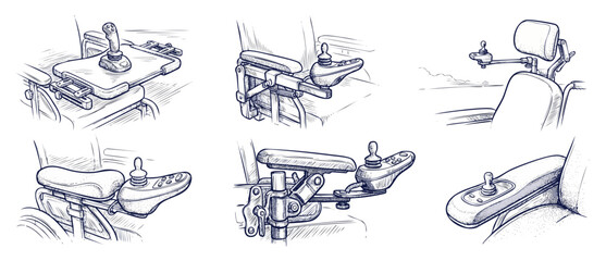 Power wheelchair joystick controller illustration set featuring electric mobility armrest designs and medical assistive technology equipment details in hand drawn line art style. © Dinali