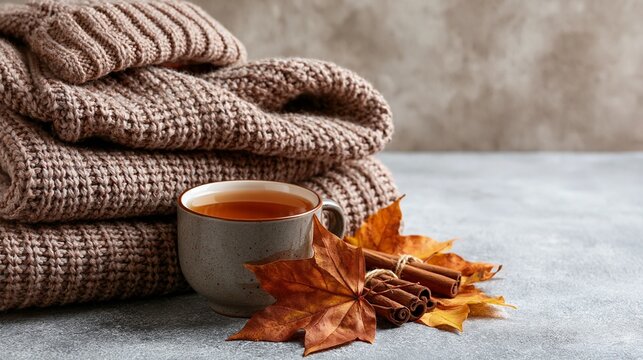 Hot tea cup with cinnamon sticks knitted blanket and autumn leaves.