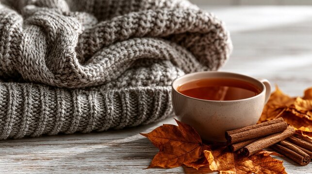 Close up of a hot cup of tea next to a chunky knitted blanket.