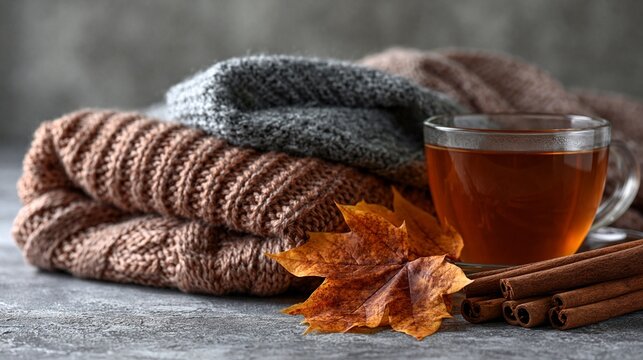 Cup of hot tea with cozy knitted sweaters and autumn leaves.