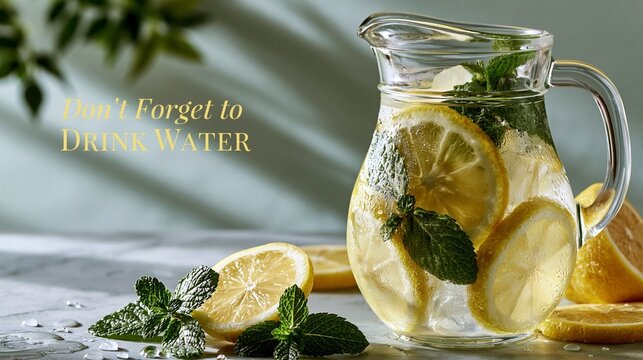 Refreshing lemon and mint infused water in a glass pitcher.