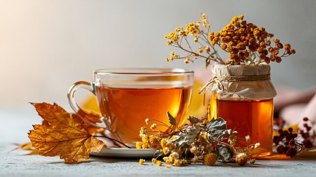 Cup of hot tea with honey and autumn leaves.