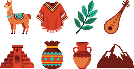 South American culture vector collection featuring llama poncho pan flute pottery mountain and traditional heritage illustrations © MstRumana