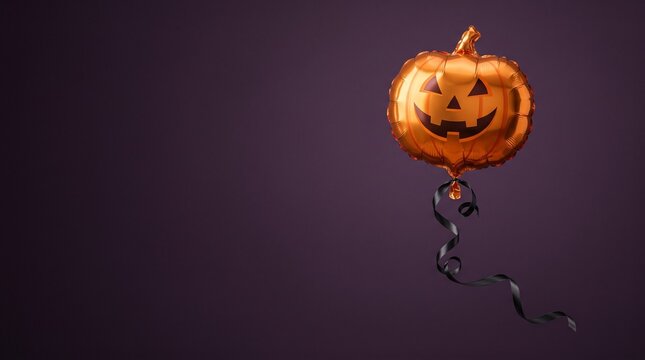 Orange pumpkin jack o lantern balloon on a purple background.
