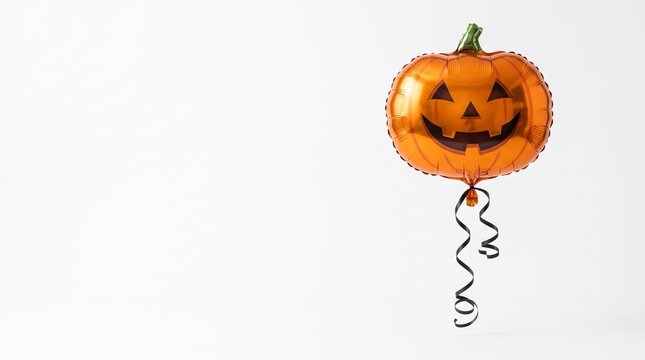Orange jack o lantern foil balloon on isolated white background.