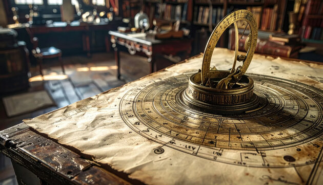 Intricate antique astrolabe resting on aged parchment with celestial charts in a library setting