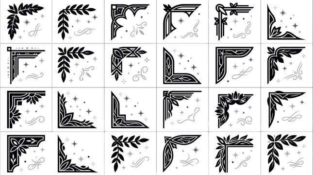 Set of diverse black decorative floral corner frames and star ornaments on white background, illustrating vintage invitation borders, provides professional graphic flourish for stationery