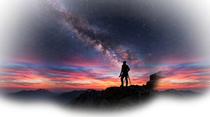 Fototapeta premium Photographer standing on a mountain peak at night watching the colorful sunset and the bright milky way galaxy above