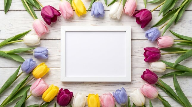 Top view of colorful tulips arranged around a blank white photo frame on a rustic white wooden background, copy space for text