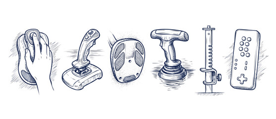 Flight simulator joystick controllers sketch set of hand drawn vintage gaming gear including throttle lever, rudder pedal, ergonomic mouse and remote control technical line art on white background. © Dinali