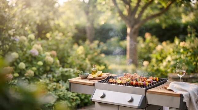 Delicious BBQ sizzling outdoors surrounded by lush greenery