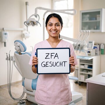 Junge Zahnarzthelferin h&auml;lt l&auml;chelnd ein Schild mit der Aufschrift ZFA gesucht in der Praxis