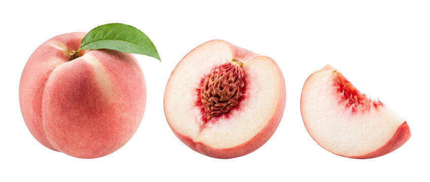 Fresh Peach with Slices and Leaf on Transparent Background
