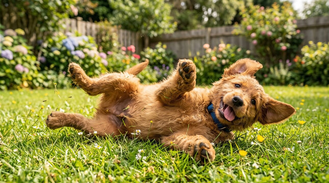 Happy puppy rolling on summer lawn with lush green grass and colorful flowers. Energetic puppy enjoying playful moments under sunlight in vibrant garden. Concept of joyful pet life in outdoor setting.