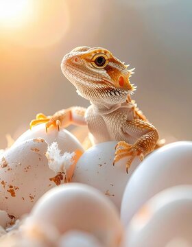 Reptilian Embryo Development, Baby Bearded Dragon Hatching from Eggs in Natural Habitat