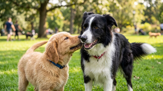 Puppy sniffing other dog during playful interaction in sunny park. Golden retriever puppy meets border collie with joyful expressions, showing friendliness and curiosity while exploring outdoors.