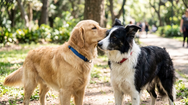 Golden retriever and border collie dogs interacting in park with lovely bonding moments. Dogs socialize and play outdoors in sunny weather, representing joyful companionship for pet lovers.