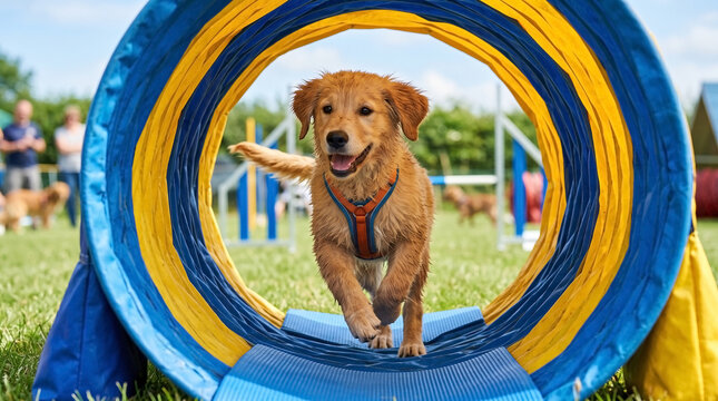 Playful golden retriever puppy running through training tunnel equipment in vibrant colors during outdoor dog training session.