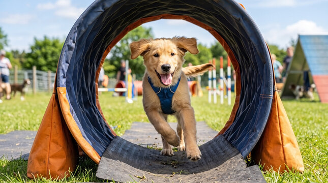 Happy puppy running through training tunnel in sunny outdoor park during agility class. Active puppy enjoying agility course with colorful equipment and obstacles while learning skills.