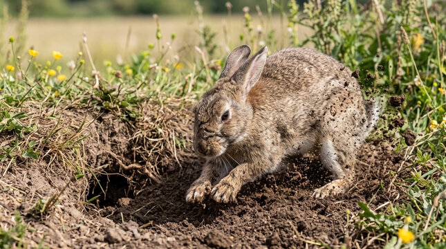 Rabbit digging in soil near burrow with fresh grass and wildflowers surrounding. This rabbit is engaged in burrowing activity, showcasing its natural behavior in its habitat.