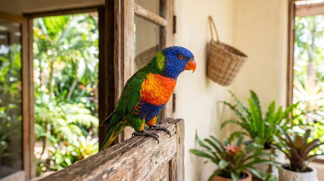 Vibrant rainbow lorikeet on door frame, showing its multi colored feathers on rustic wood. Exotic rainbow lorikeet on door frame, against lush tropical plants.