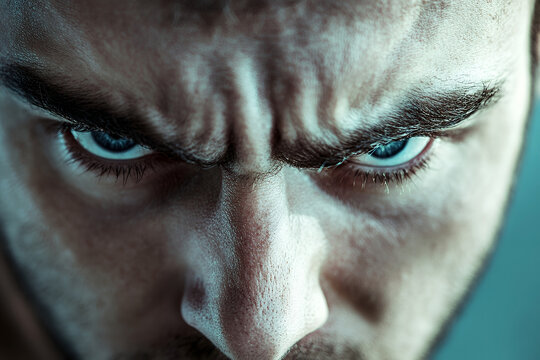 Intense close up of an angry young adult Caucasian man staring with a furrowed brow and scowling expression in moody lighting