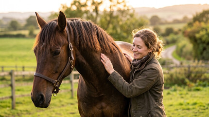 Fototapeta premium Rider gently petting horse neck in outdoor setting with lush green background, enjoying sunset warmth.