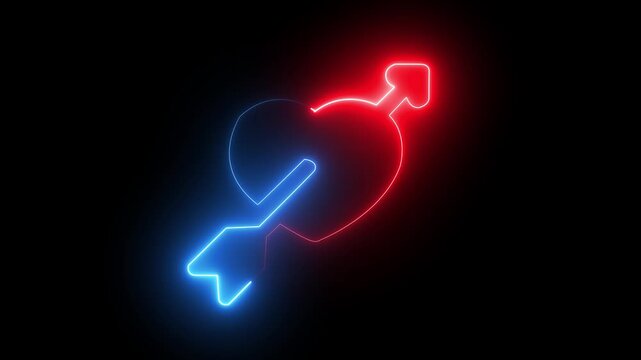 Neon Heart with Arrow Symbol on Black Background for Love Romance and Valentine's Day Concepts. motion graphics of concept.