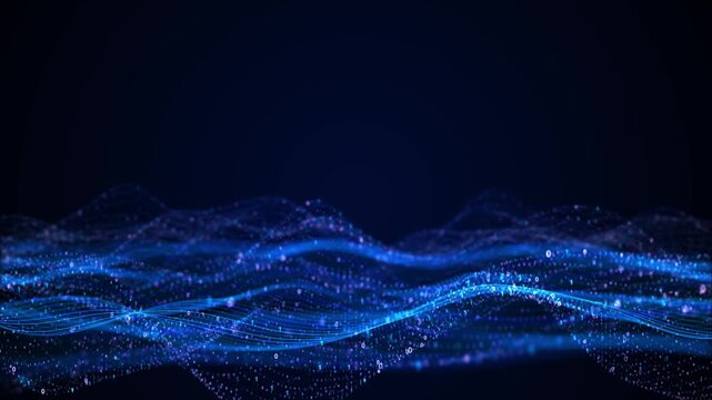 Blue binary wave data background glowing mesh lines, floating code digits, purple particles, dark copy space. AI videos, analytics intros, technology promos, cyber visuals, data science edits, motion