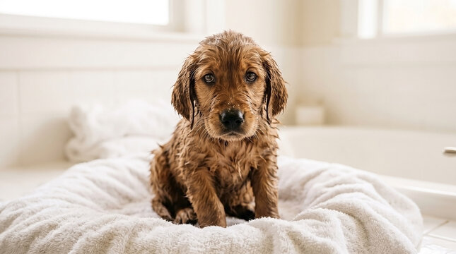 Soaked puppy looking miserable on soft white towel in bright bathroom light. Adorable puppy appears wet and unhappy after bath, sitting quietly on fluffy towel.