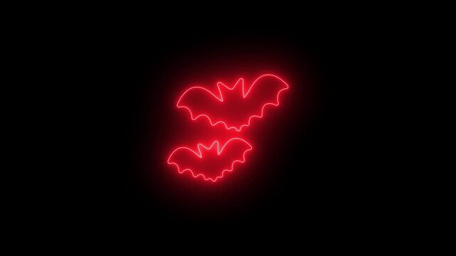 Animated Red Neon Flying Bats Icon Spooky Halloween Glow Symbol Dark Black Background Loop